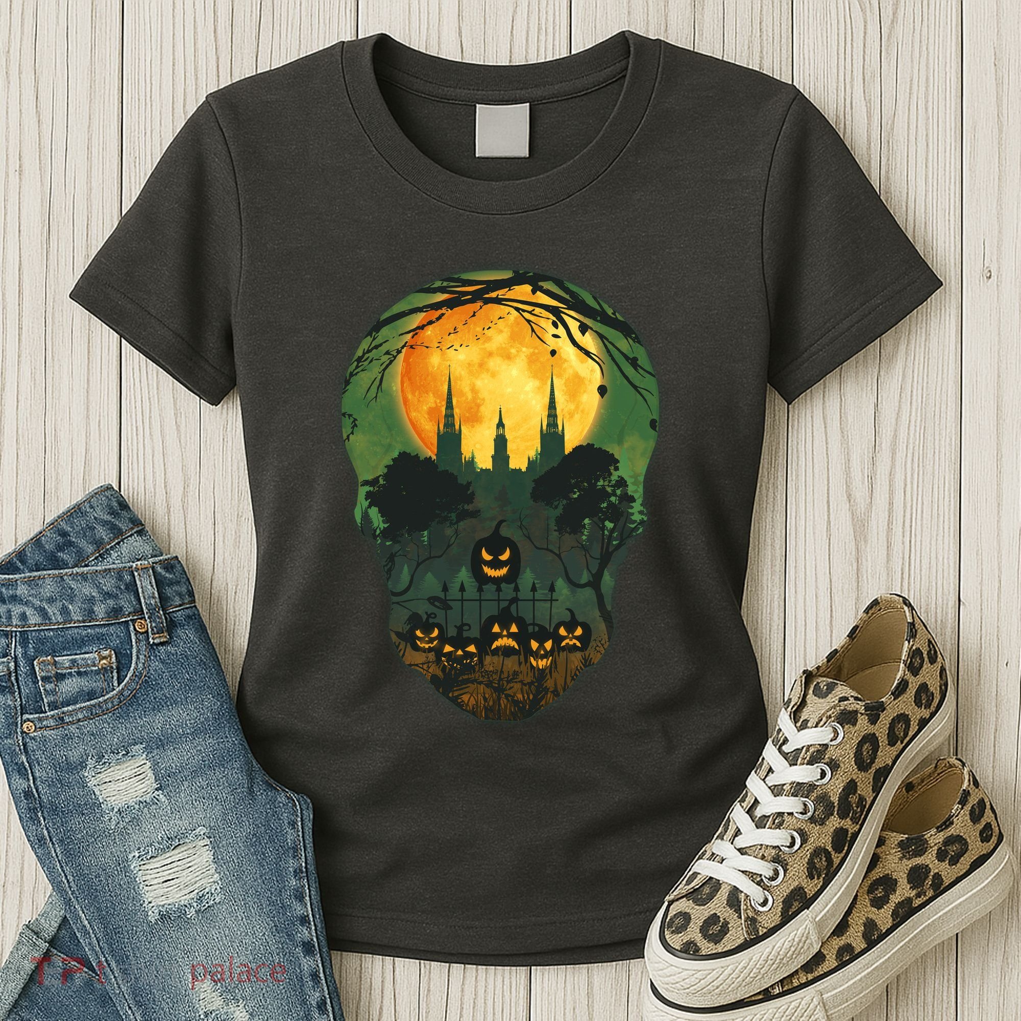 Halloween Spooky Full Moon Castle Skull Women's T-Shirt