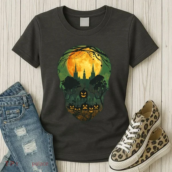 Halloween Spooky Full Moon Castle Skull Women's T-Shirt