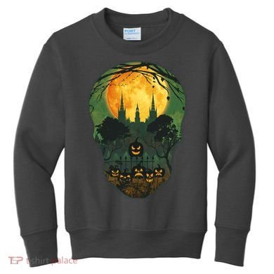 Halloween Spooky Full Moon Castle Skull Kids Sweatshirt