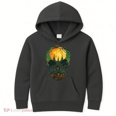 Halloween Spooky Full Moon Castle Skull Kids Hoodie
