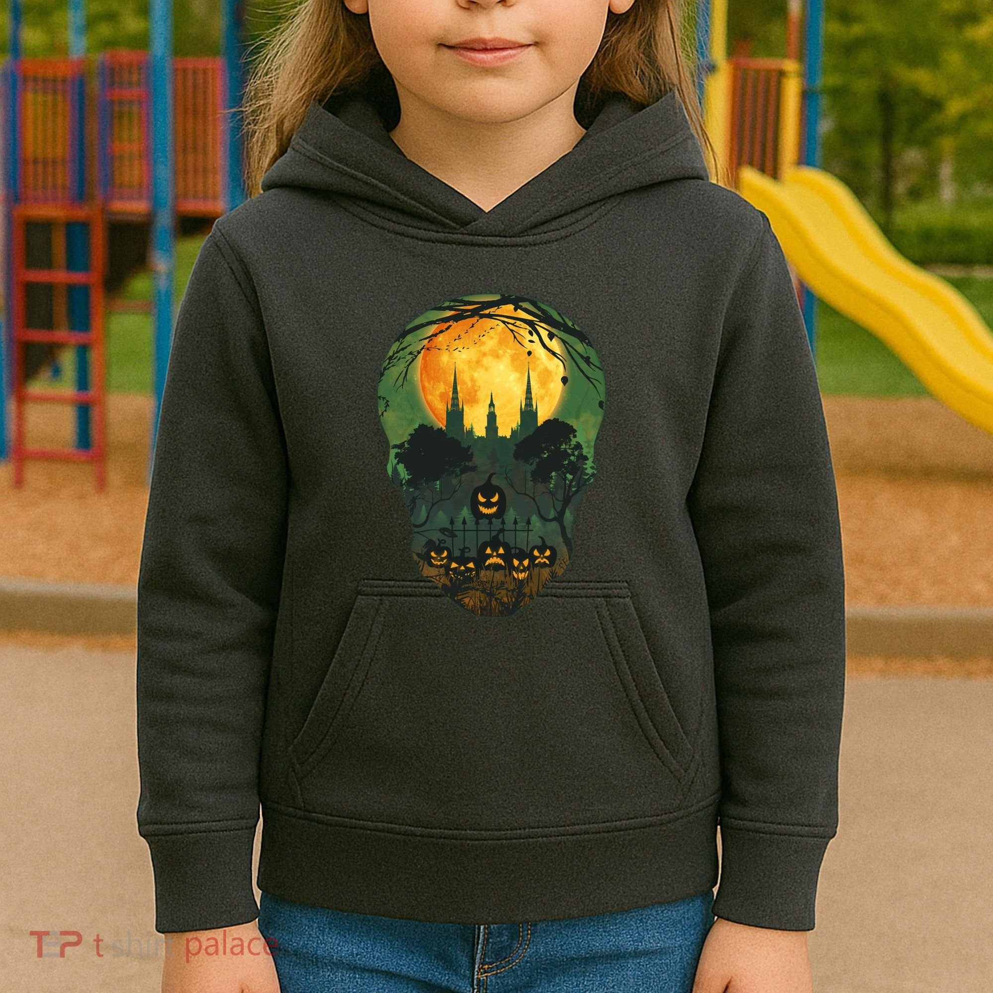 Halloween Spooky Full Moon Castle Skull Kids Hoodie