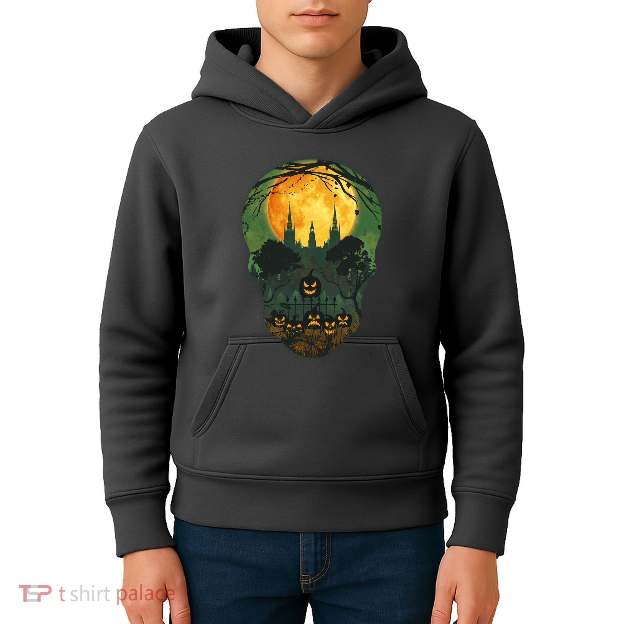Halloween Spooky Full Moon Castle Skull Kids Hoodie