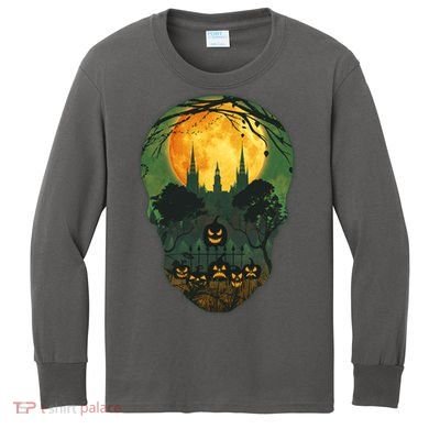 Halloween Spooky Full Moon Castle Skull Kids Long Sleeve Shirt