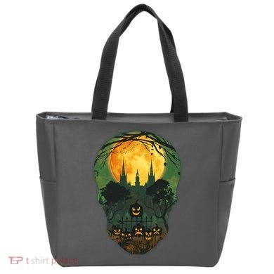 Halloween Spooky Full Moon Castle Skull Tote Bag