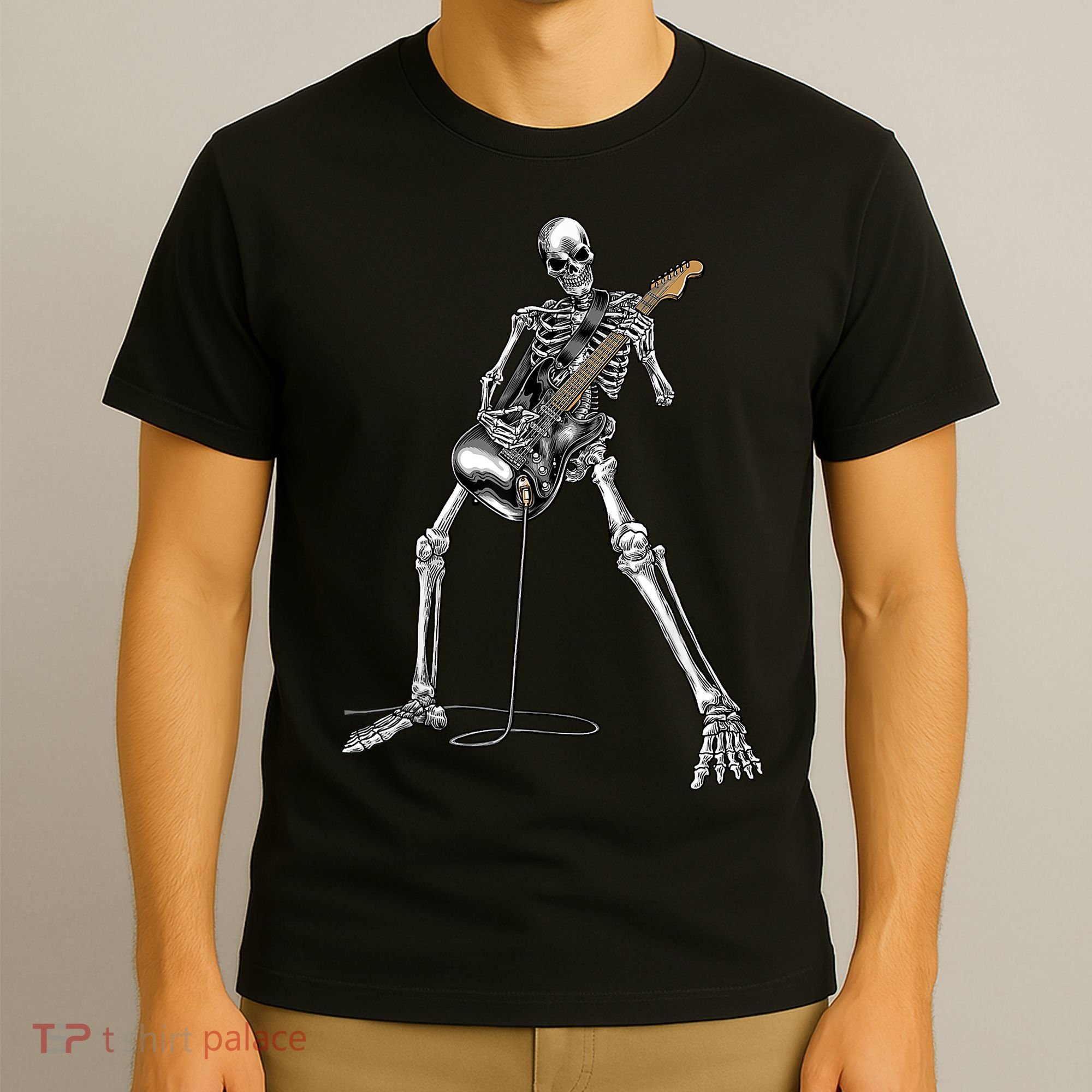 Happy Skeleton Guitar Guy Spooky Halloween Rock Band Concert T-Shirt