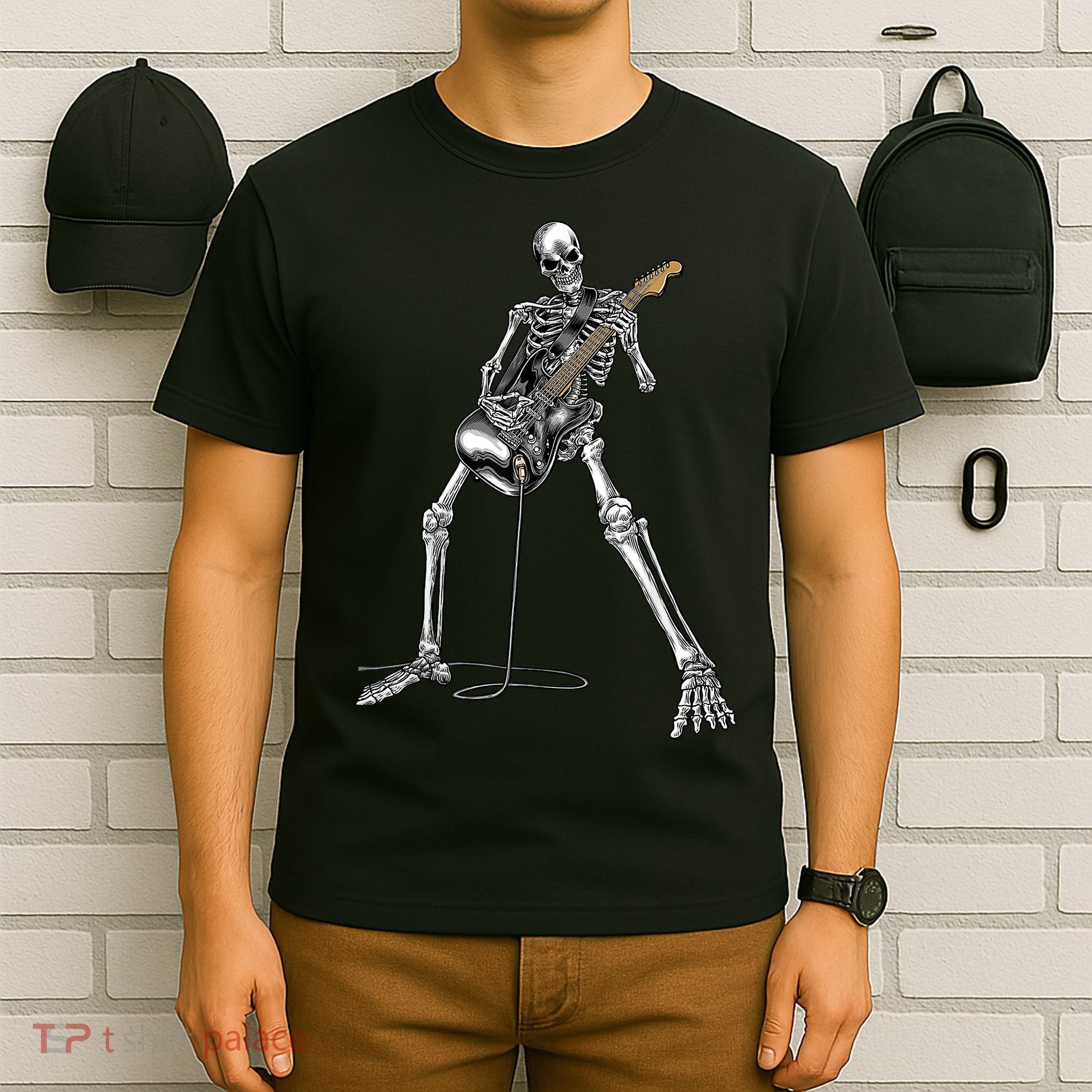 Happy Skeleton Guitar Guy Spooky Halloween Rock Band Concert T-Shirt