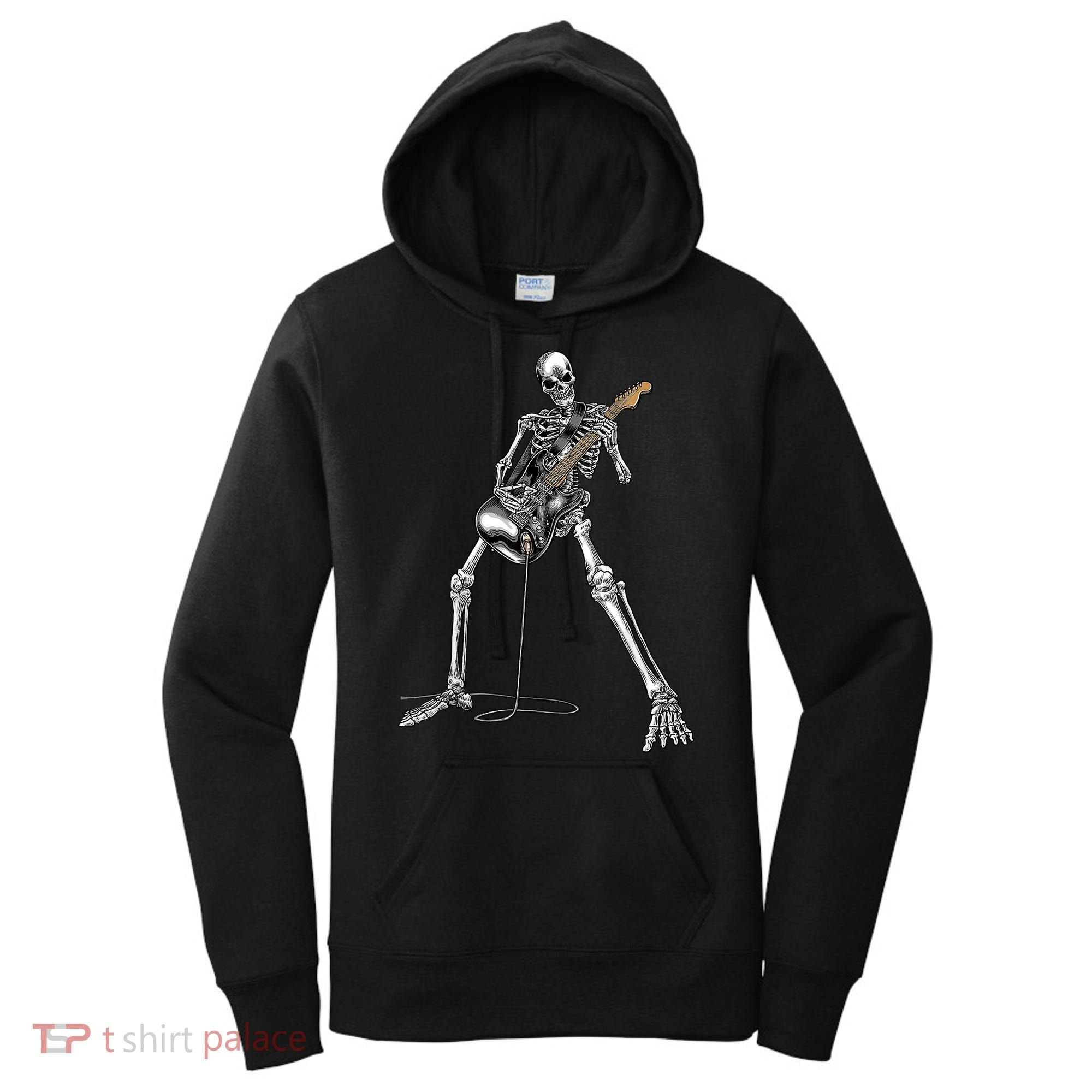 Happy Skeleton Guitar Guy Spooky Halloween Rock Band Concert Women's Hoodie