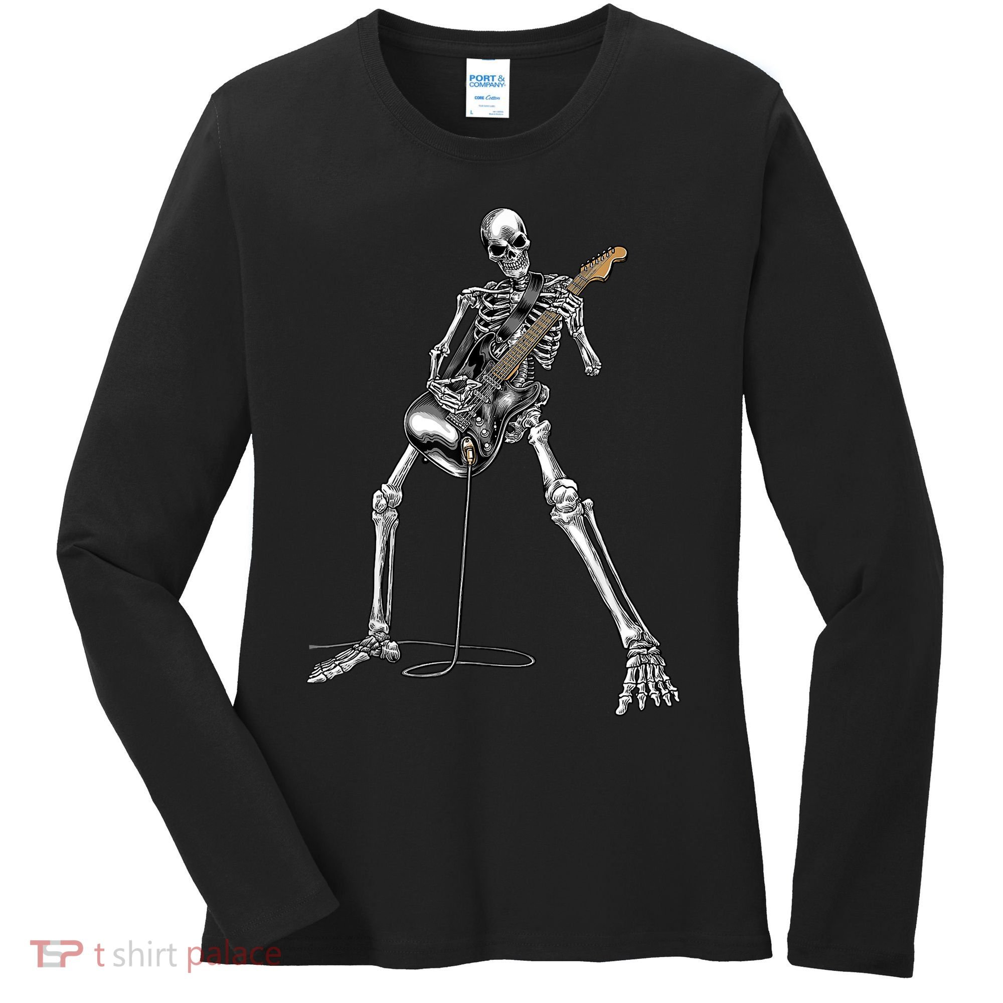 Happy Skeleton Guitar Guy Spooky Halloween Rock Band Concert Women's Long Sleeve Shirt