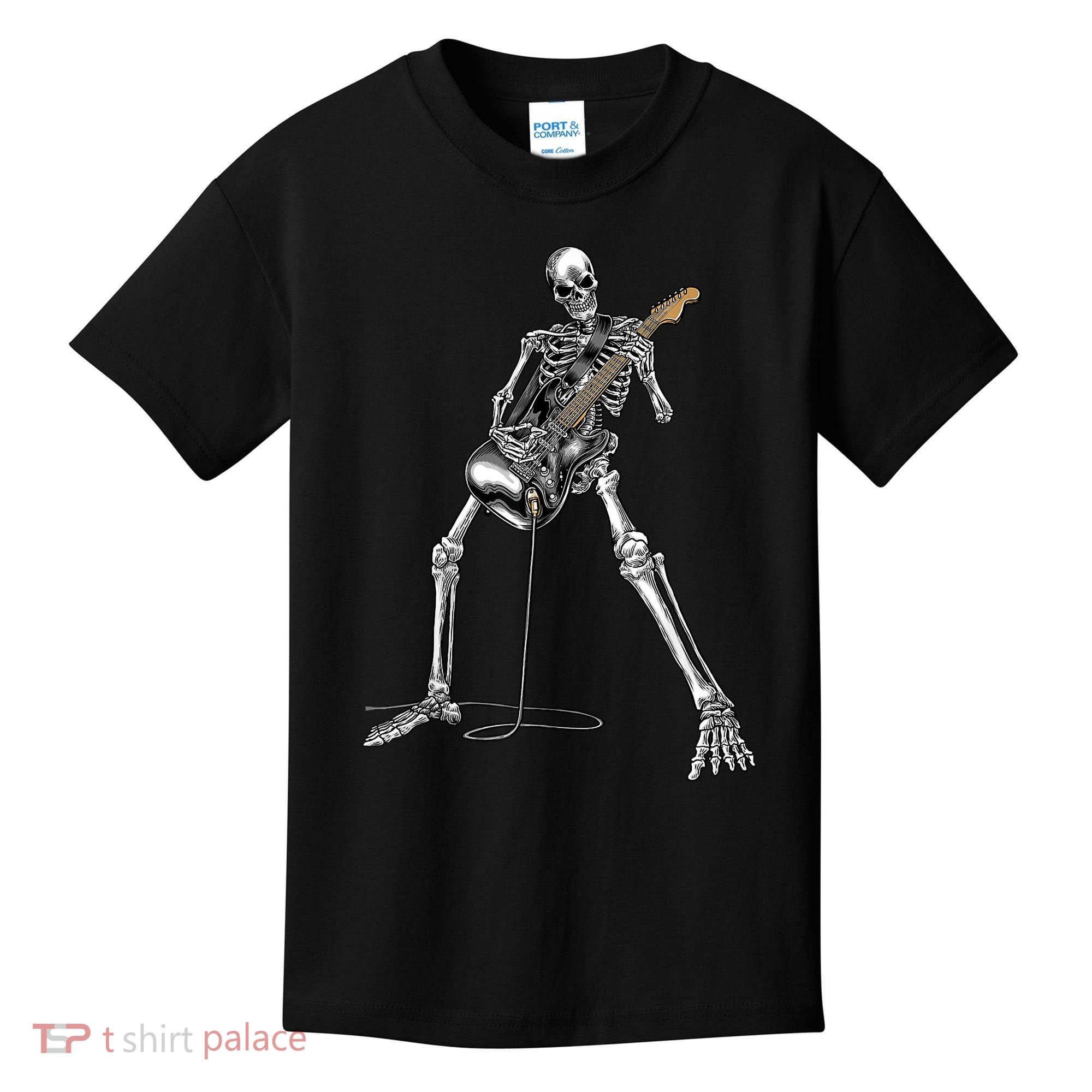Happy Skeleton Guitar Guy Spooky Halloween Rock Band Concert Kids T-Shirt