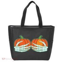 Halloween Skeleton Hand On Pumpkin Boob Tote Bag thumb 0