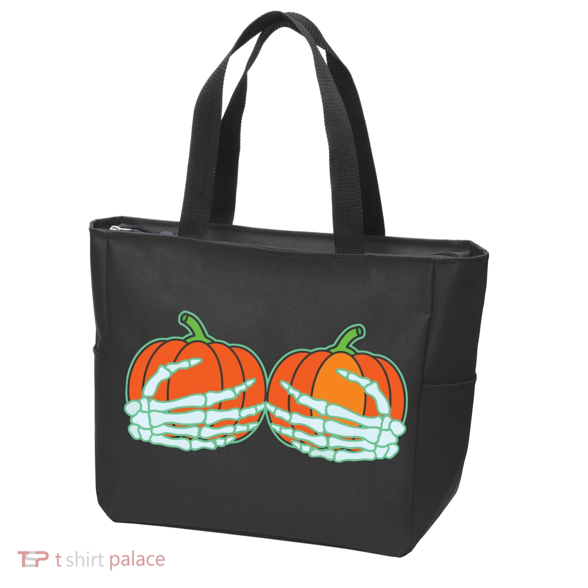 Halloween Skeleton Hand On Pumpkin Boob Tote Bag