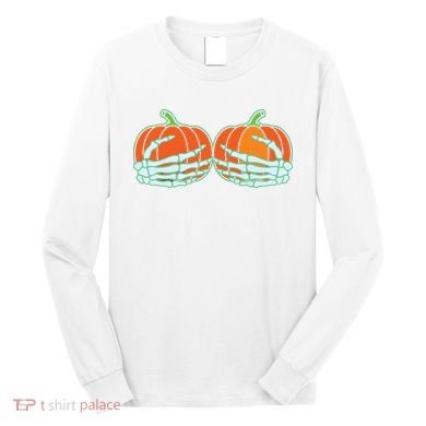 Halloween Skeleton Hand On Pumpkin Boob Long Sleeve Shirt