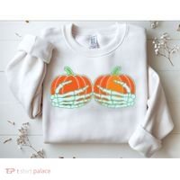 Halloween Skeleton Hand On Pumpkin Boob Sweatshirt thumb 2