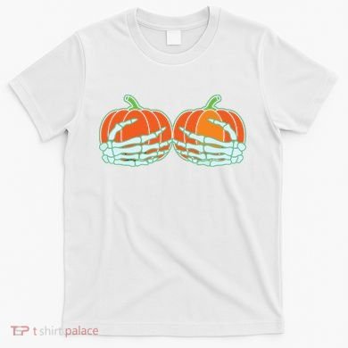 Halloween Skeleton Hand On Pumpkin Boob T-Shirt