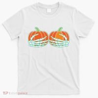 Halloween Skeleton Hand On Pumpkin Boob T-Shirt thumb 0