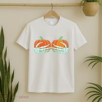 Halloween Skeleton Hand On Pumpkin Boob T-Shirt thumb 2