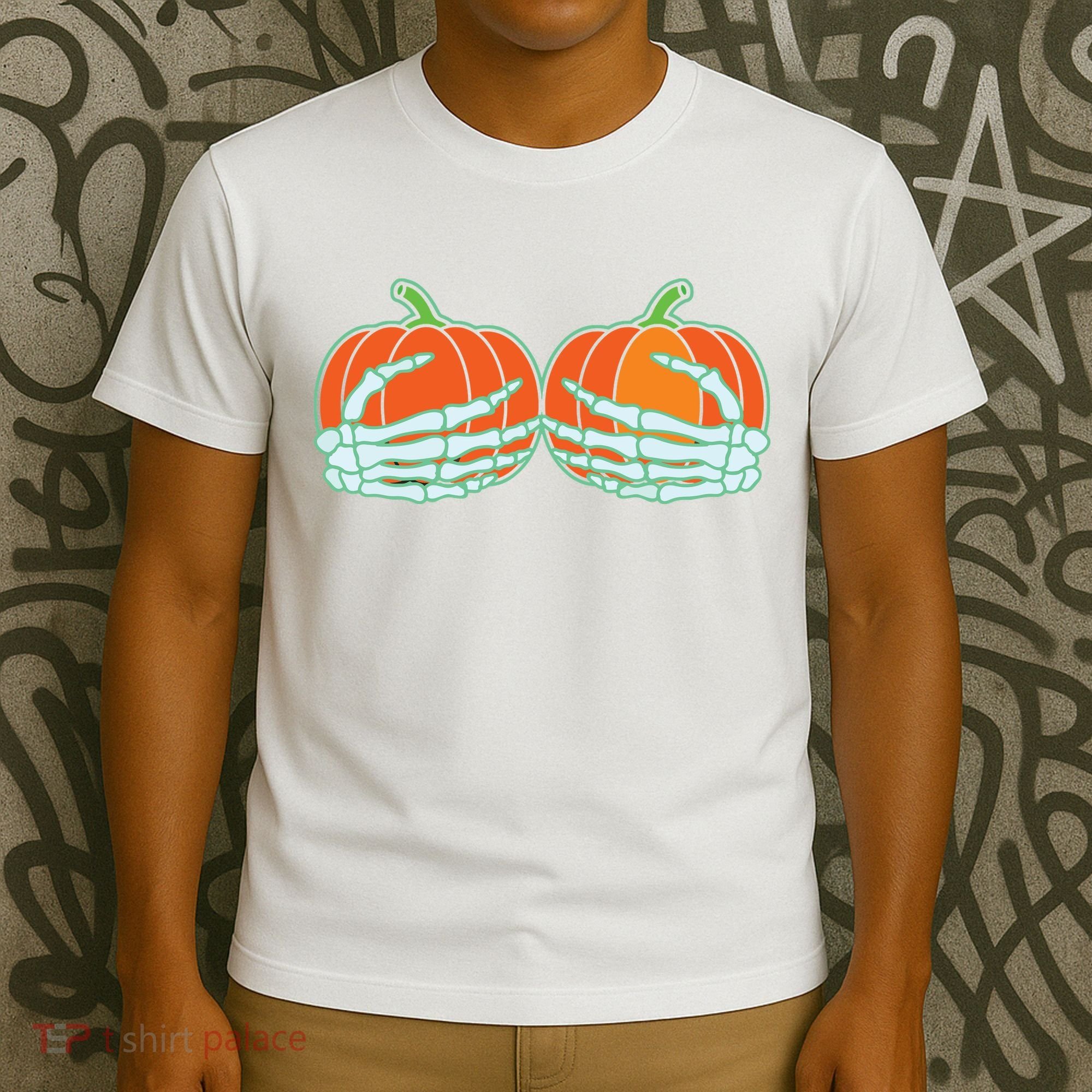Halloween Skeleton Hand On Pumpkin Boob T-Shirt