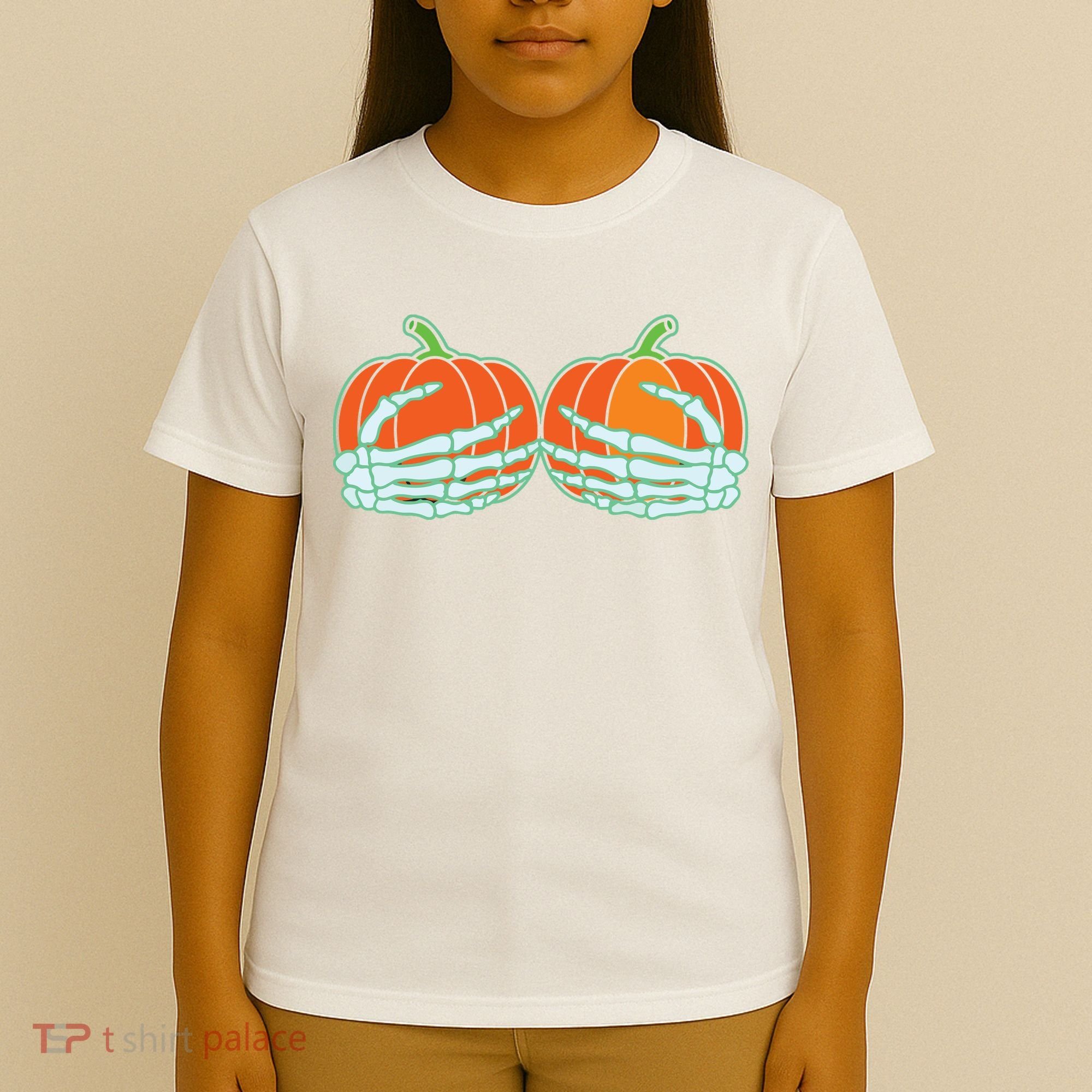 Halloween Skeleton Hand On Pumpkin Boob T-Shirt