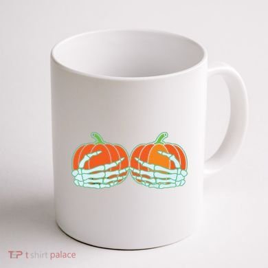 Halloween Skeleton Hand On Pumpkin Boob Coffee Mug back