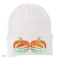 Halloween Skeleton Hand On Pumpkin Boob Beanie thumb 0