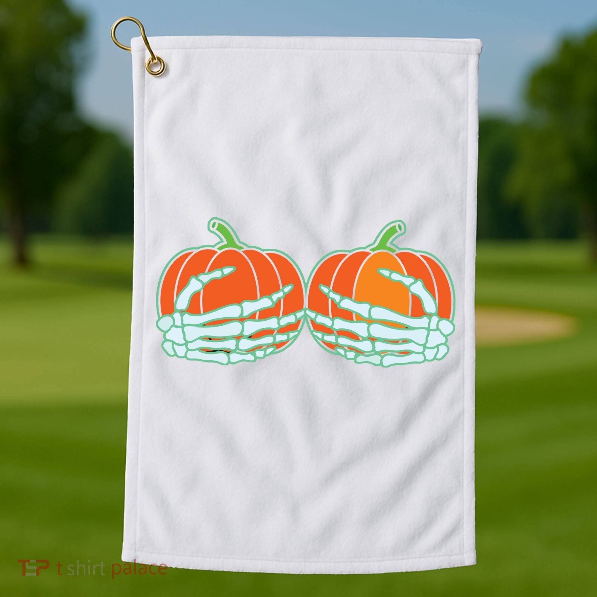 Halloween Skeleton Hand On Pumpkin Boob Golf Towel