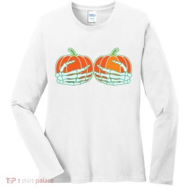Halloween Skeleton Hand On Pumpkin Boob Women's Long Sleeve Shirt