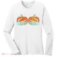 Halloween Skeleton Hand On Pumpkin Boob Women's Long Sleeve Shirt thumb 0