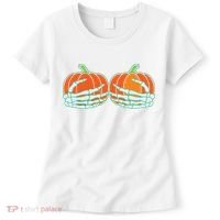 Halloween Skeleton Hand On Pumpkin Boob Women's T-Shirt thumb 0