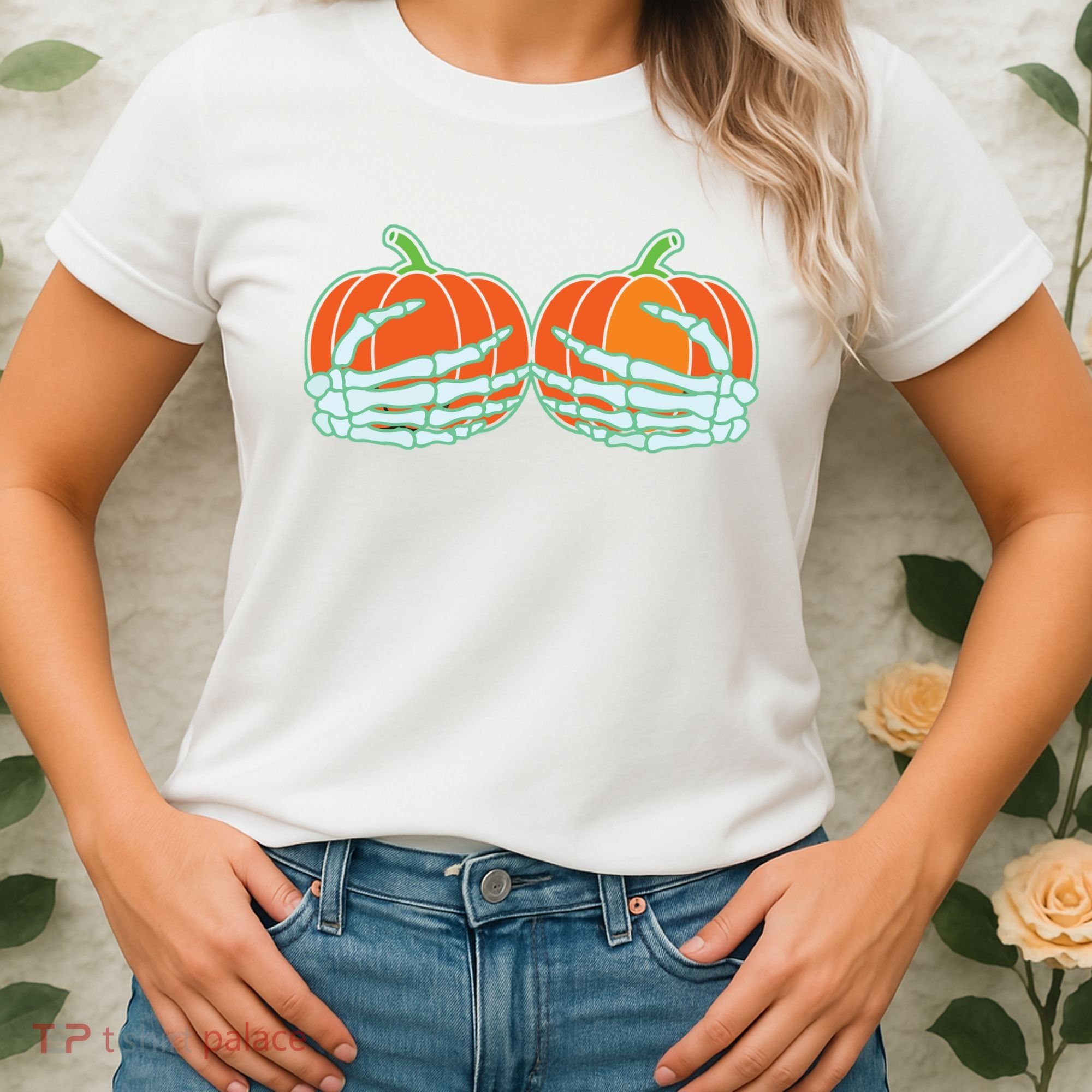 Halloween Skeleton Hand On Pumpkin Boob Women's T-Shirt
