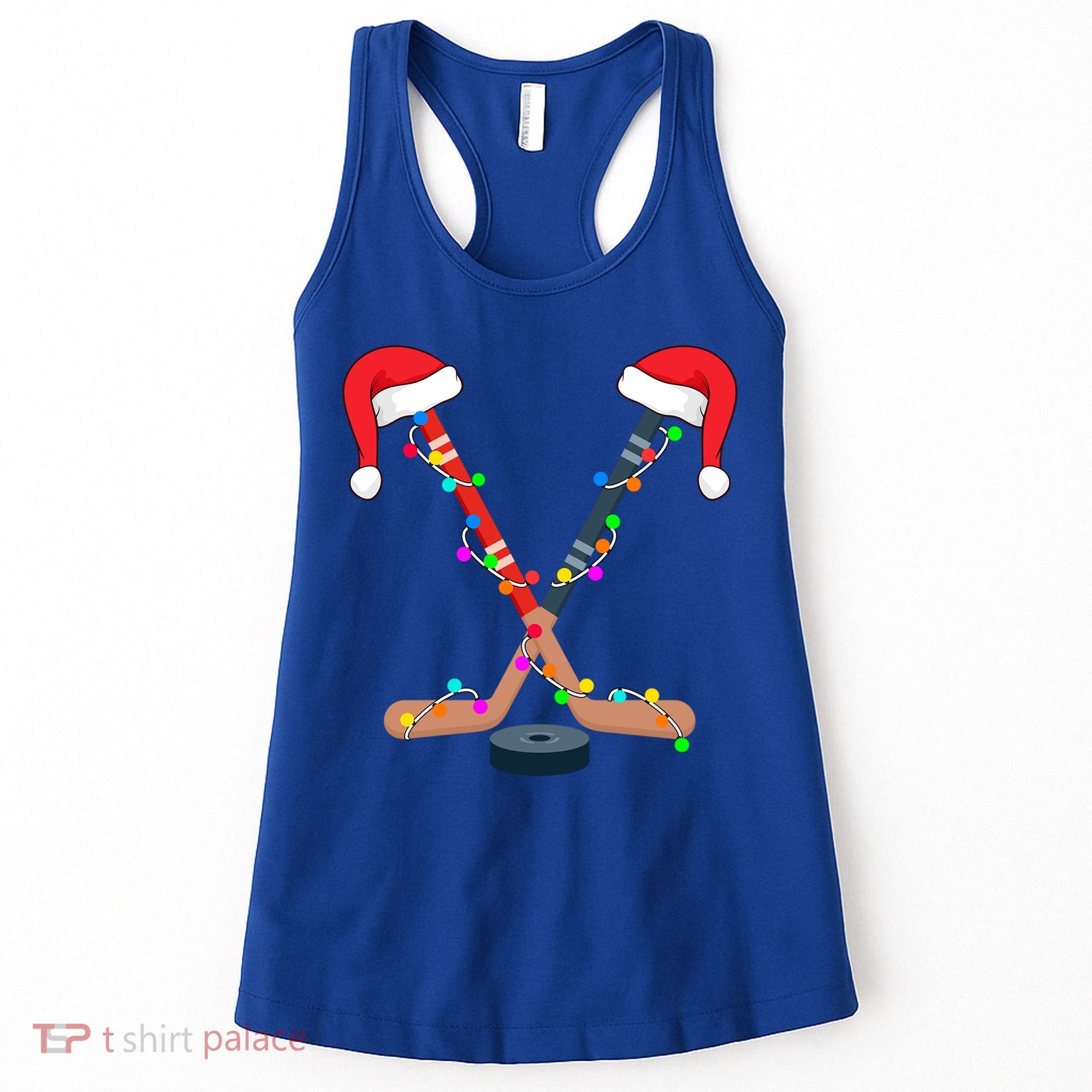 Hockey Santa Hat Christmas Lights Funny Sport Xmas Gift Women's Tank Top