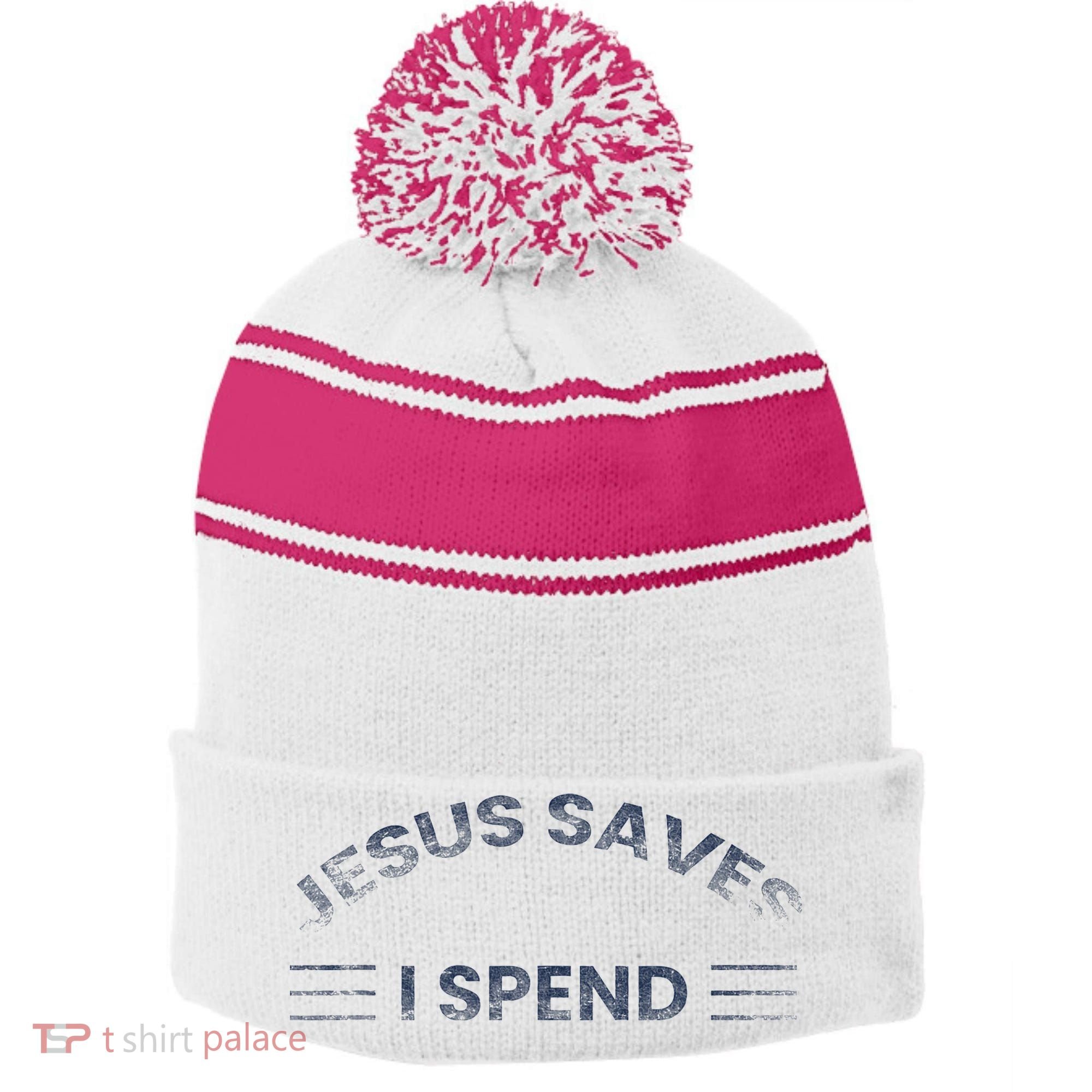 Hilarious & Sarcastic Jesus Saves I Spend Stripe Pom Pom Beanie