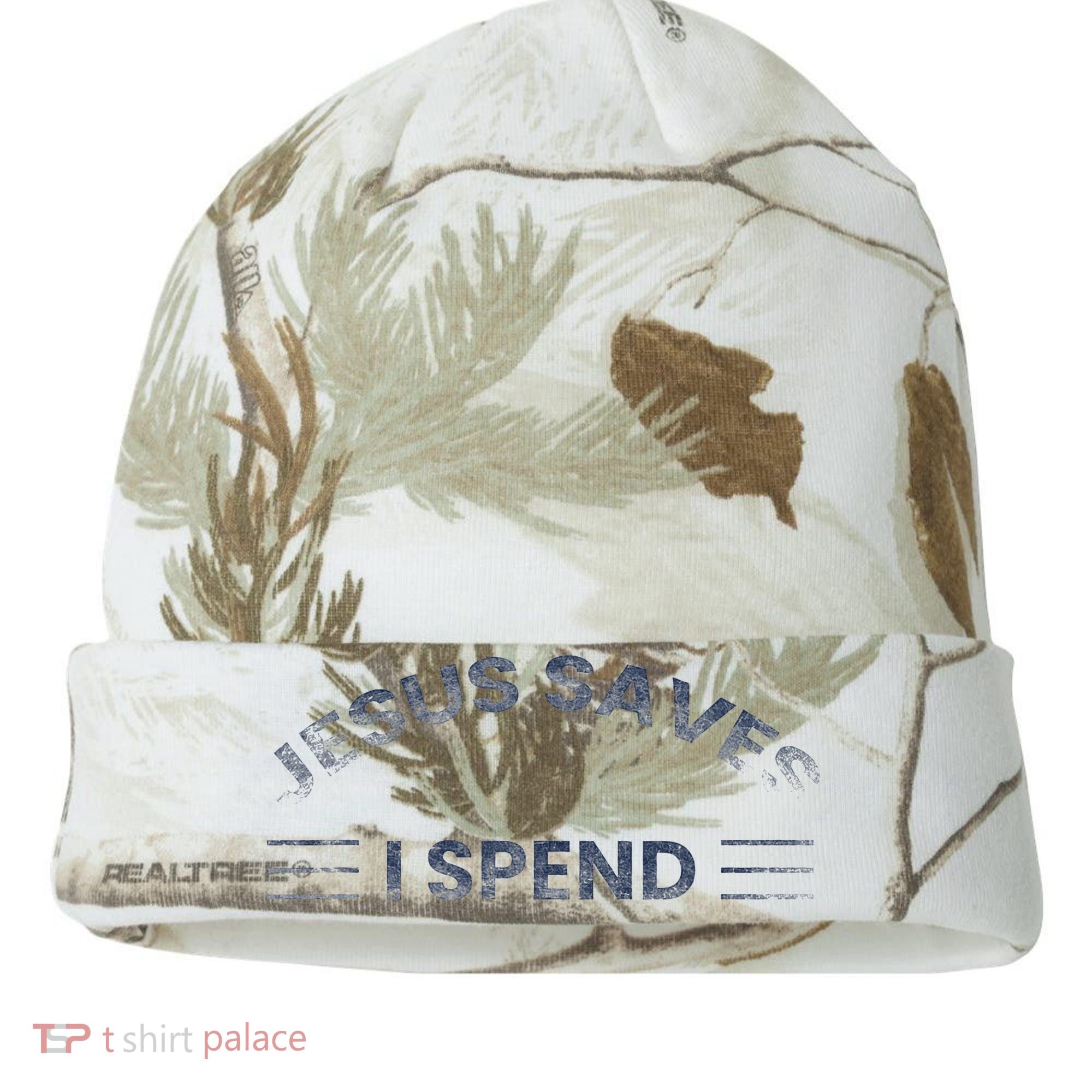 Hilarious & Sarcastic Jesus Saves I Spend Kati Licensed 12" Camo Cuffed Beanie
