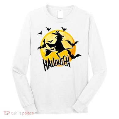 Halloween Spooky Moon Flying Witch Long Sleeve Shirt