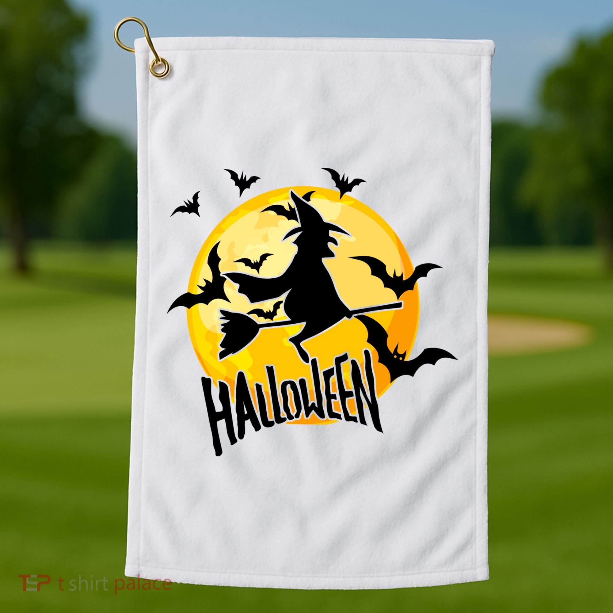 Halloween Spooky Moon Flying Witch Golf Towel