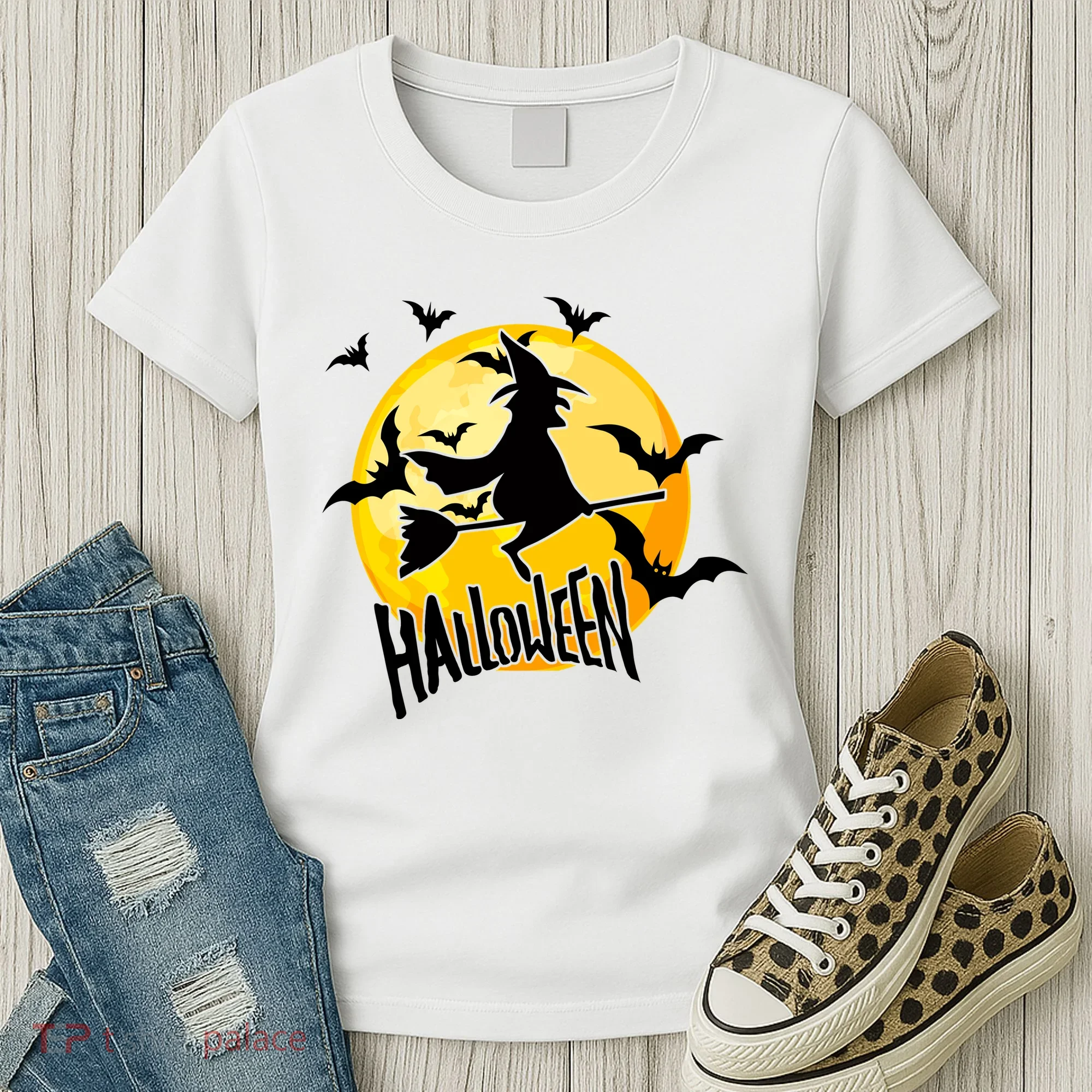 Halloween Spooky Moon Flying Witch Women's T-Shirt