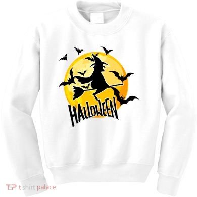 Halloween Spooky Moon Flying Witch Kids Sweatshirt