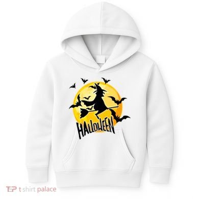 Halloween Spooky Moon Flying Witch Kids Hoodie