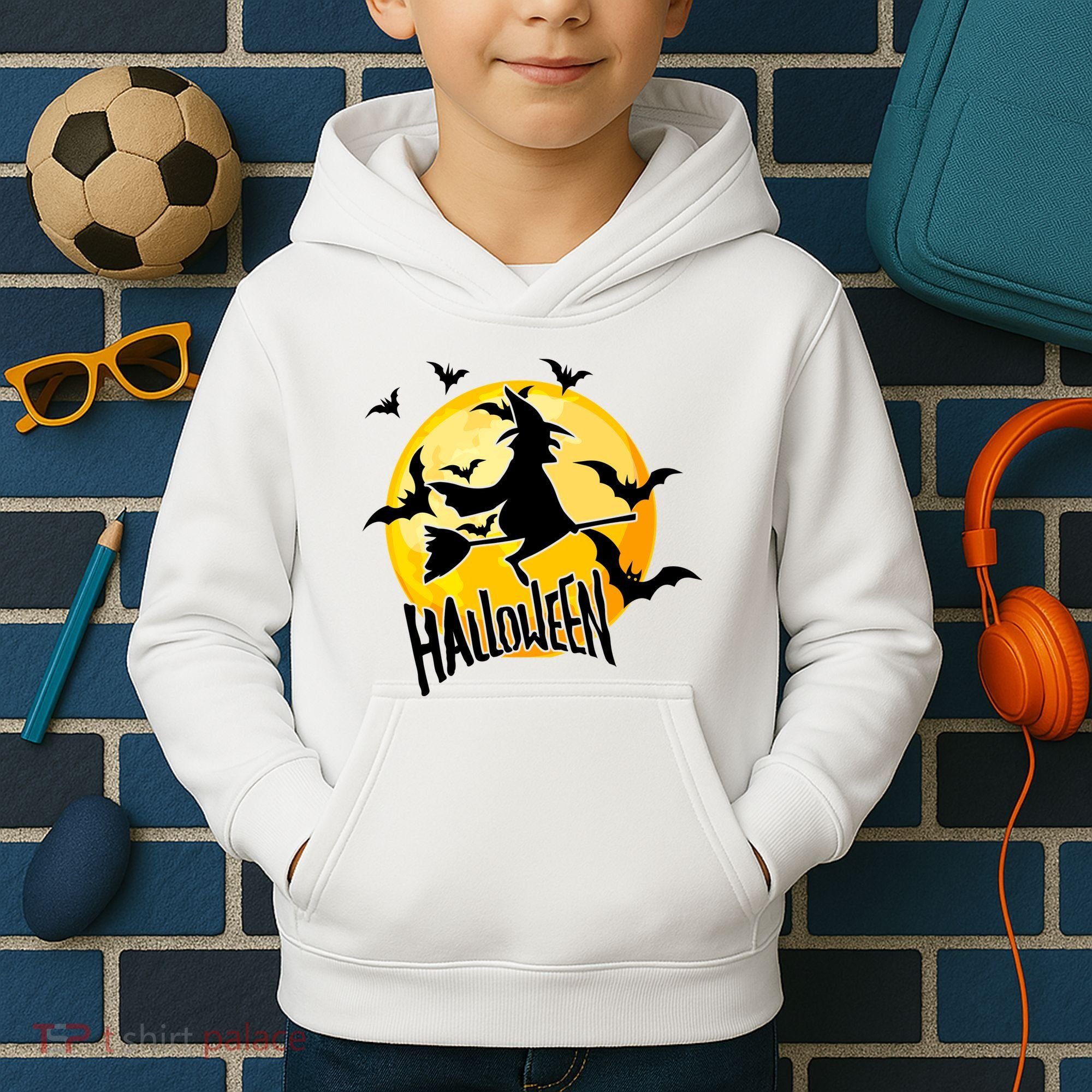 Halloween Spooky Moon Flying Witch Kids Hoodie