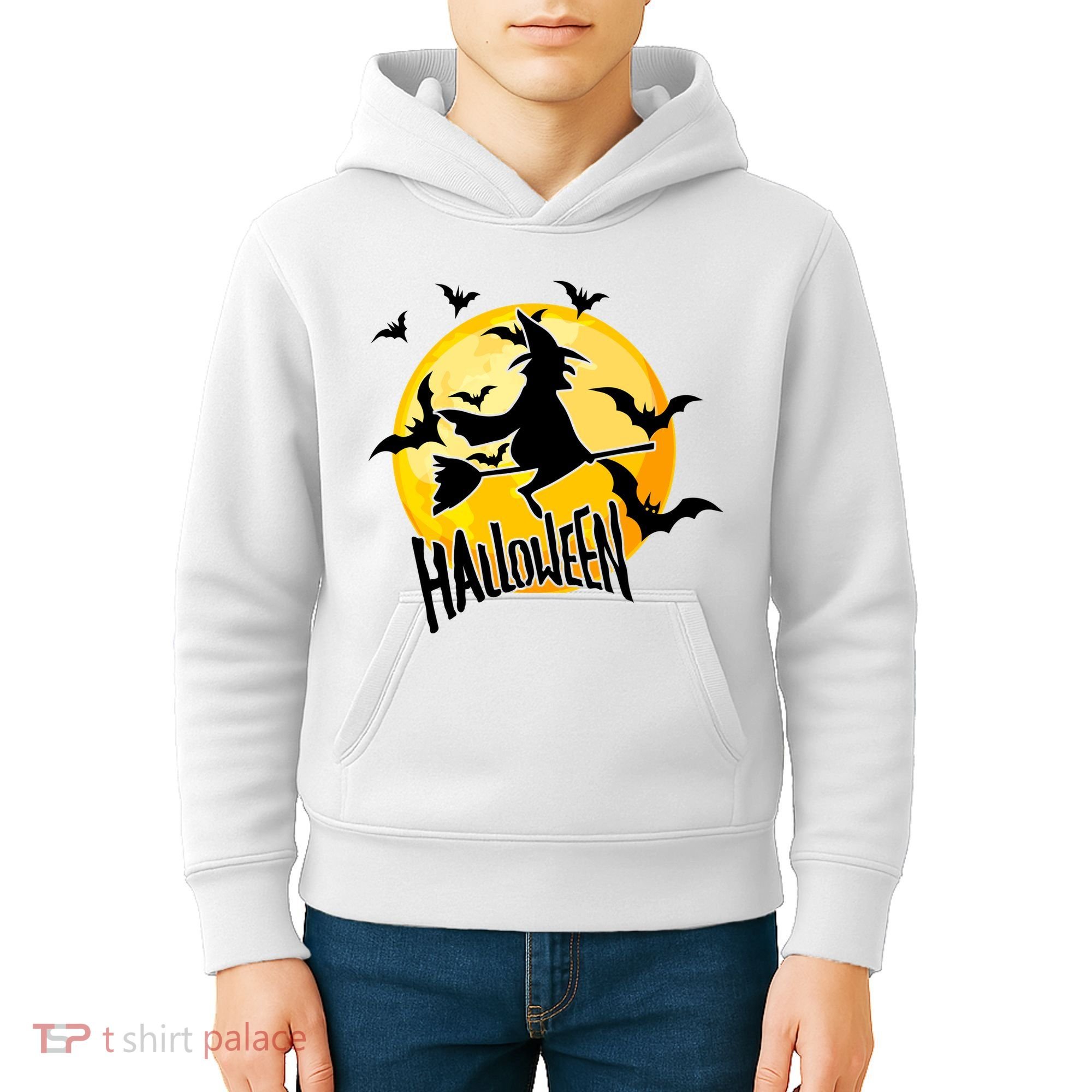 Halloween Spooky Moon Flying Witch Kids Hoodie