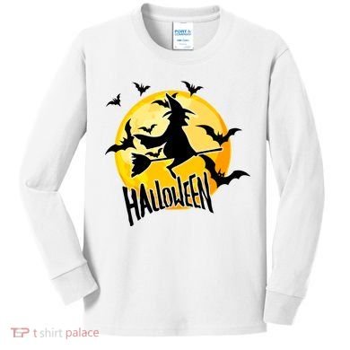 Halloween Spooky Moon Flying Witch Kids Long Sleeve Shirt