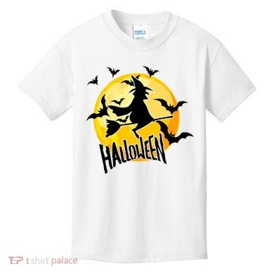 Halloween Spooky Moon Flying Witch Kids T-Shirt