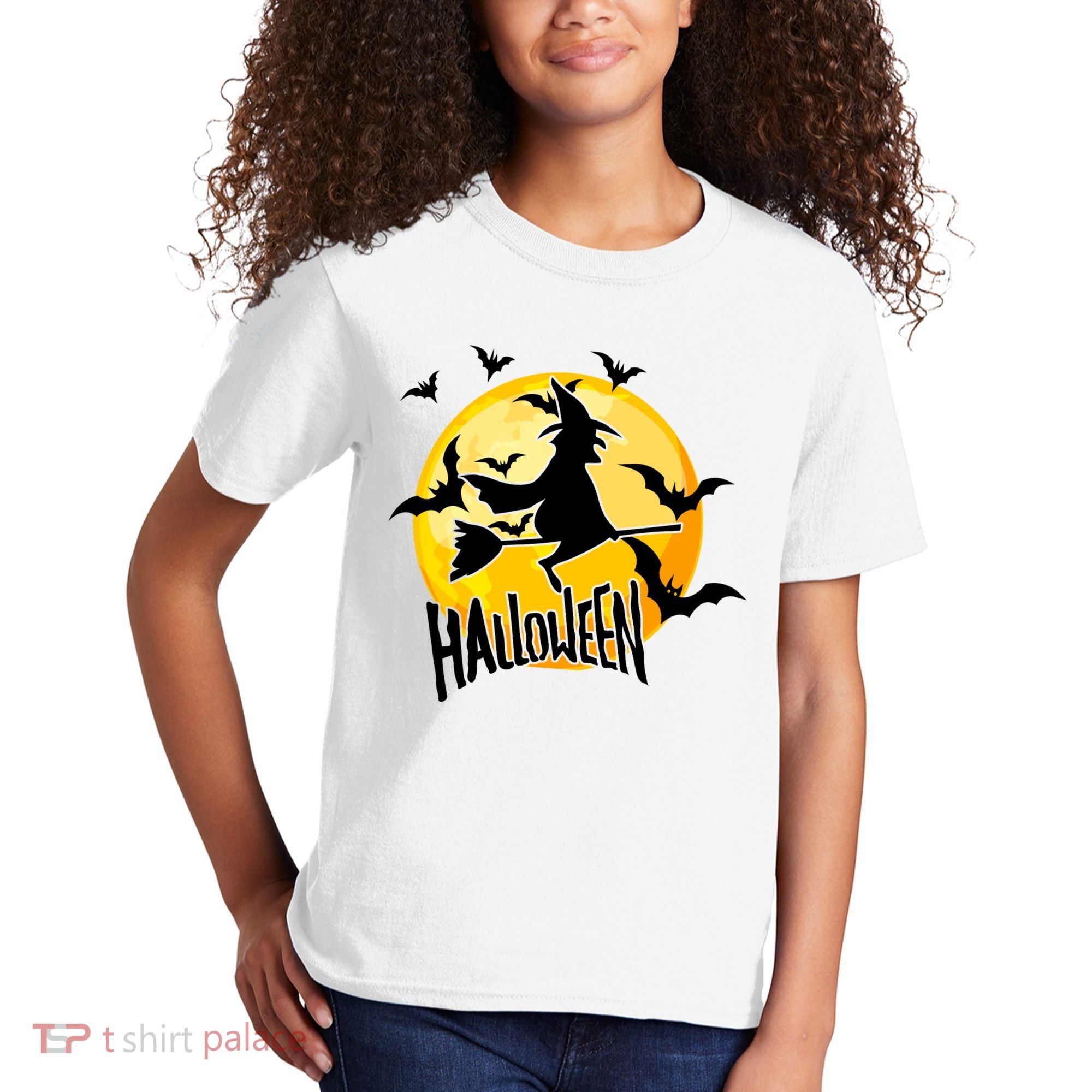 Halloween Spooky Moon Flying Witch Kids T-Shirt