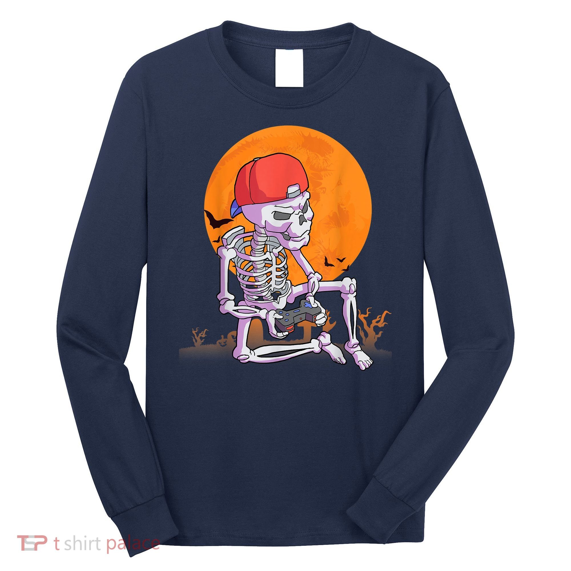 Halloween Shirt Men Boys Gamer Gaming Skeleton Long Sleeve Shirt