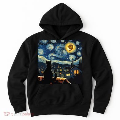 Halloween Starry Night Black Cat Comma La Kamala Harris Hoodie