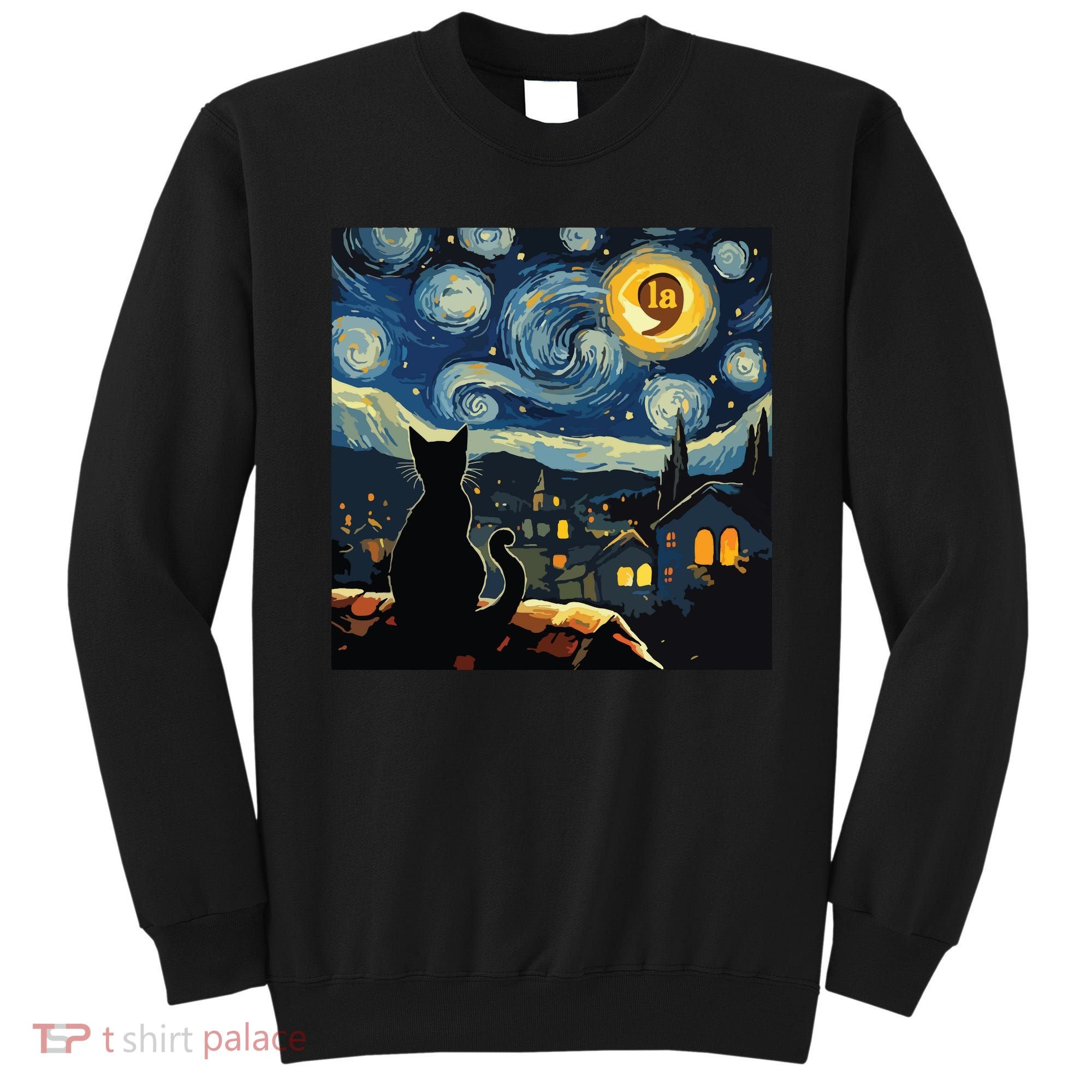 Halloween Starry Night Black Cat Comma La Kamala Harris Sweatshirt