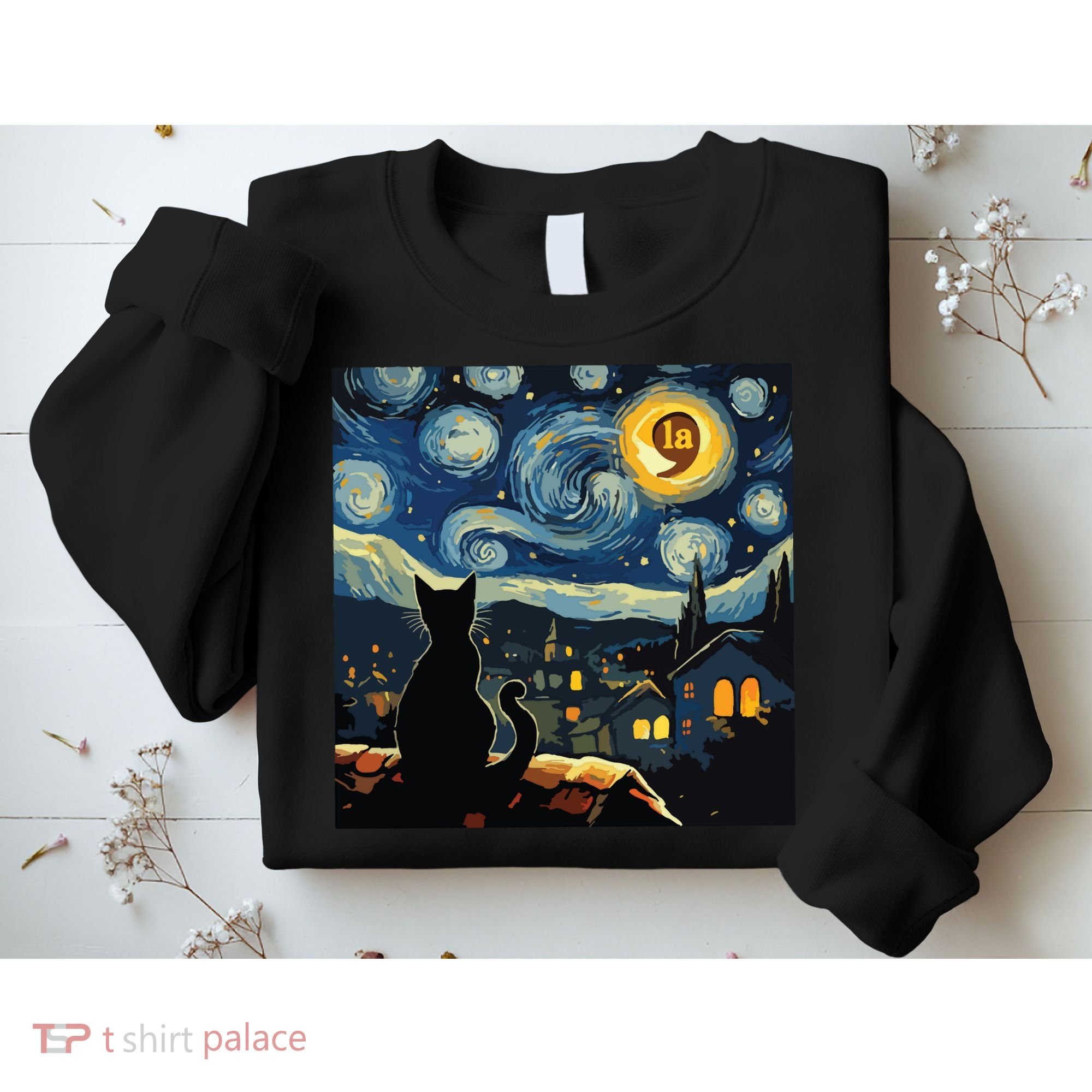 Halloween Starry Night Black Cat Comma La Kamala Harris Sweatshirt
