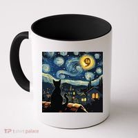 Halloween Starry Night Black Cat Comma La Kamala Harris Coffee Mug thumb 0