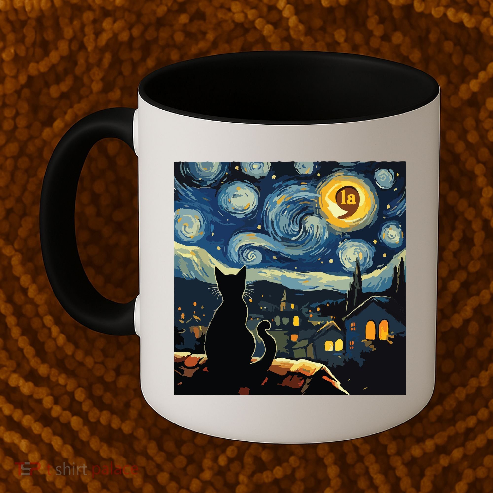 Halloween Starry Night Black Cat Comma La Kamala Harris Coffee Mug