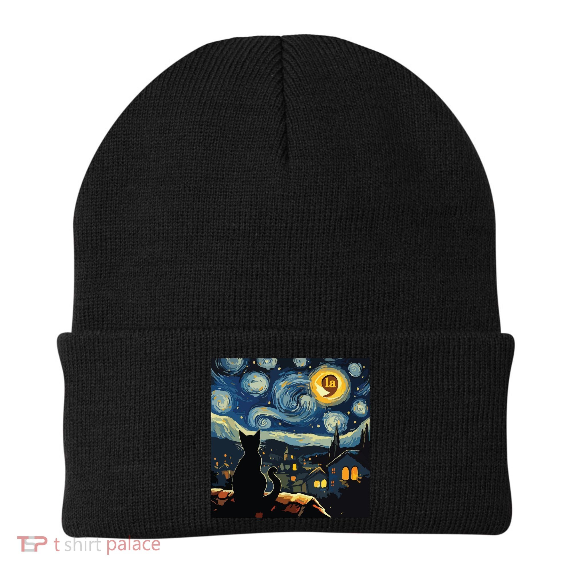 Halloween Starry Night Black Cat Comma La Kamala Harris Beanie