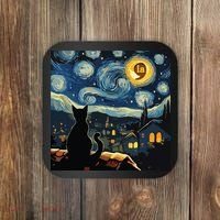 Halloween Starry Night Black Cat Comma La Kamala Harris Coaster thumb 0